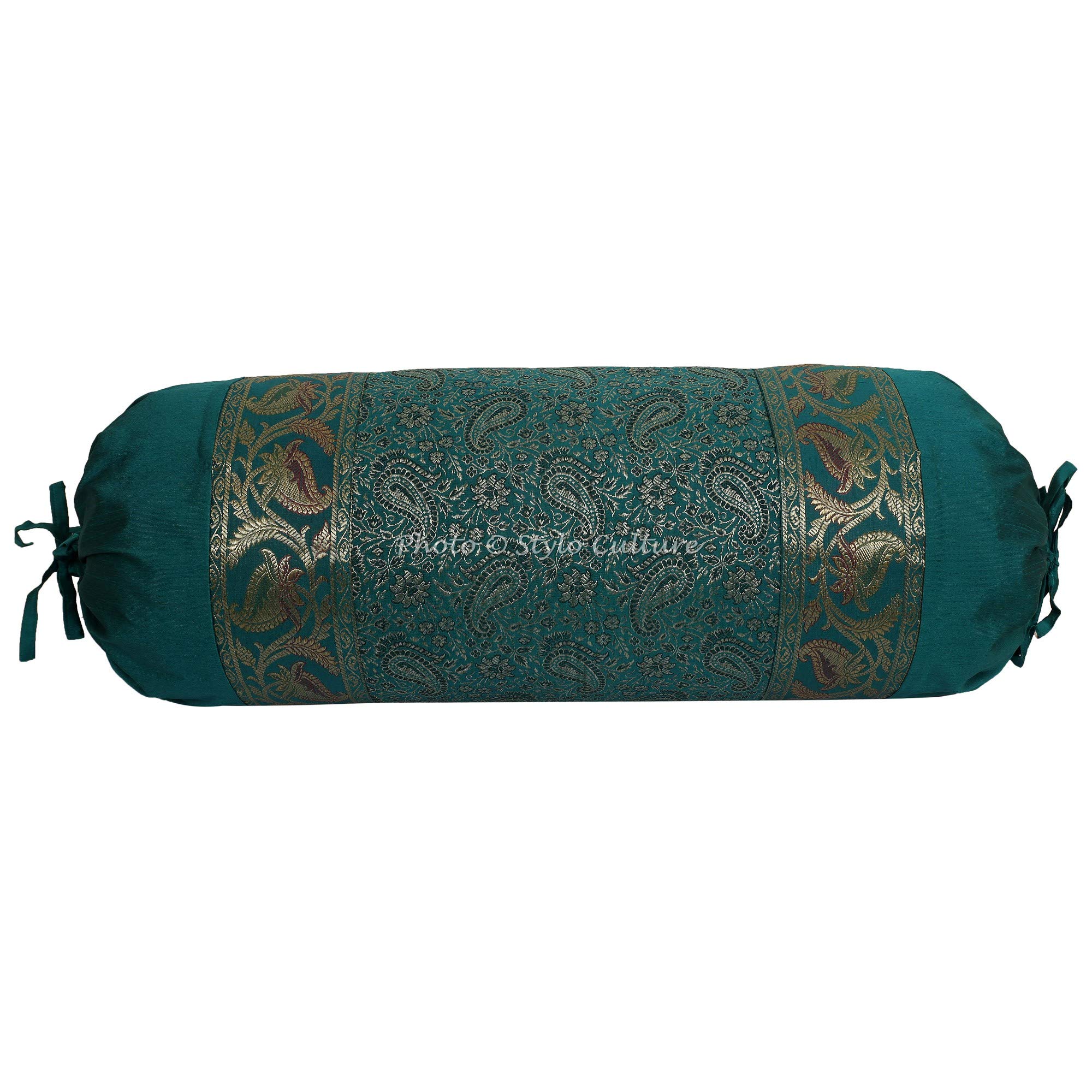 Stylo Culture Ethnic Polydupion Cylindrical Tubular Bolster Pillow Cover Emerald Green Jacquard Brocade Border Paisley Large Diwan Cylinder Pillow Cushion Cover (1 Pc) | 30x15 Inches (76x38 cm)