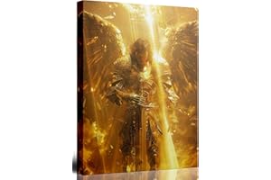 Archangel Michael Canvas Wall Art Heavenly Guardian St Michael Wearing Golden Armor Painting Picture Wall Decor Religious Cat