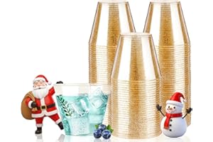 Goodluck 9 oz 100 PCS Gold Glitter Plastic Cups, Disposable Glitter Cups, Elegant Plastic Cocktail Glasses, Fancy Party Cups for Wedding, Birthday, Holiday