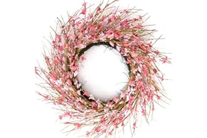 Bibelot 18inch Artificial Forsythia Flower Wreath, All Year Around Wreath for Front Door, Wedding Window Home Wall Indoor Front Door Decor (Pink, 18in)