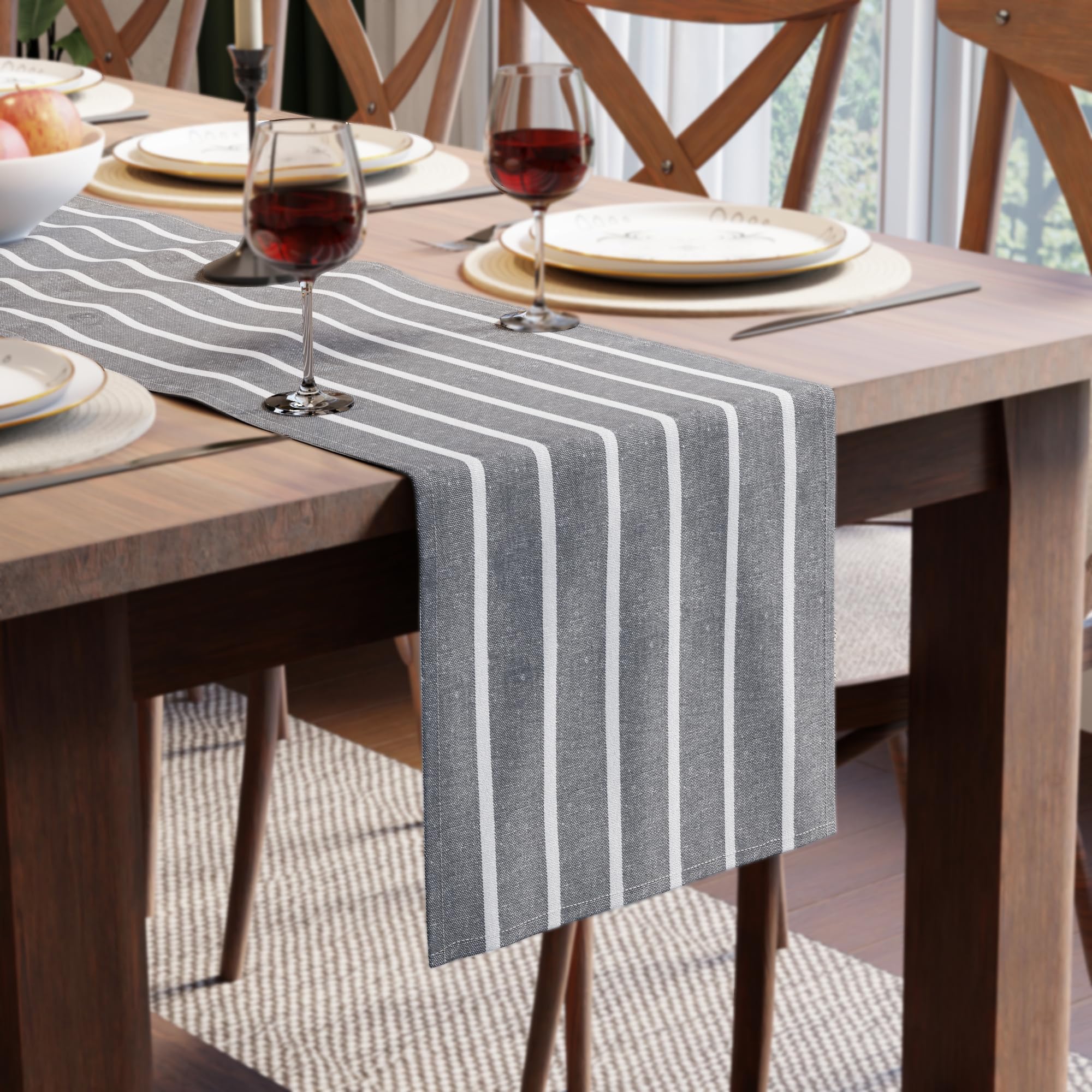 Encasa XO Cotton Dining Table Runner | Roma Grey Stripes | Size 13x91 in - Machine Washable & Durable