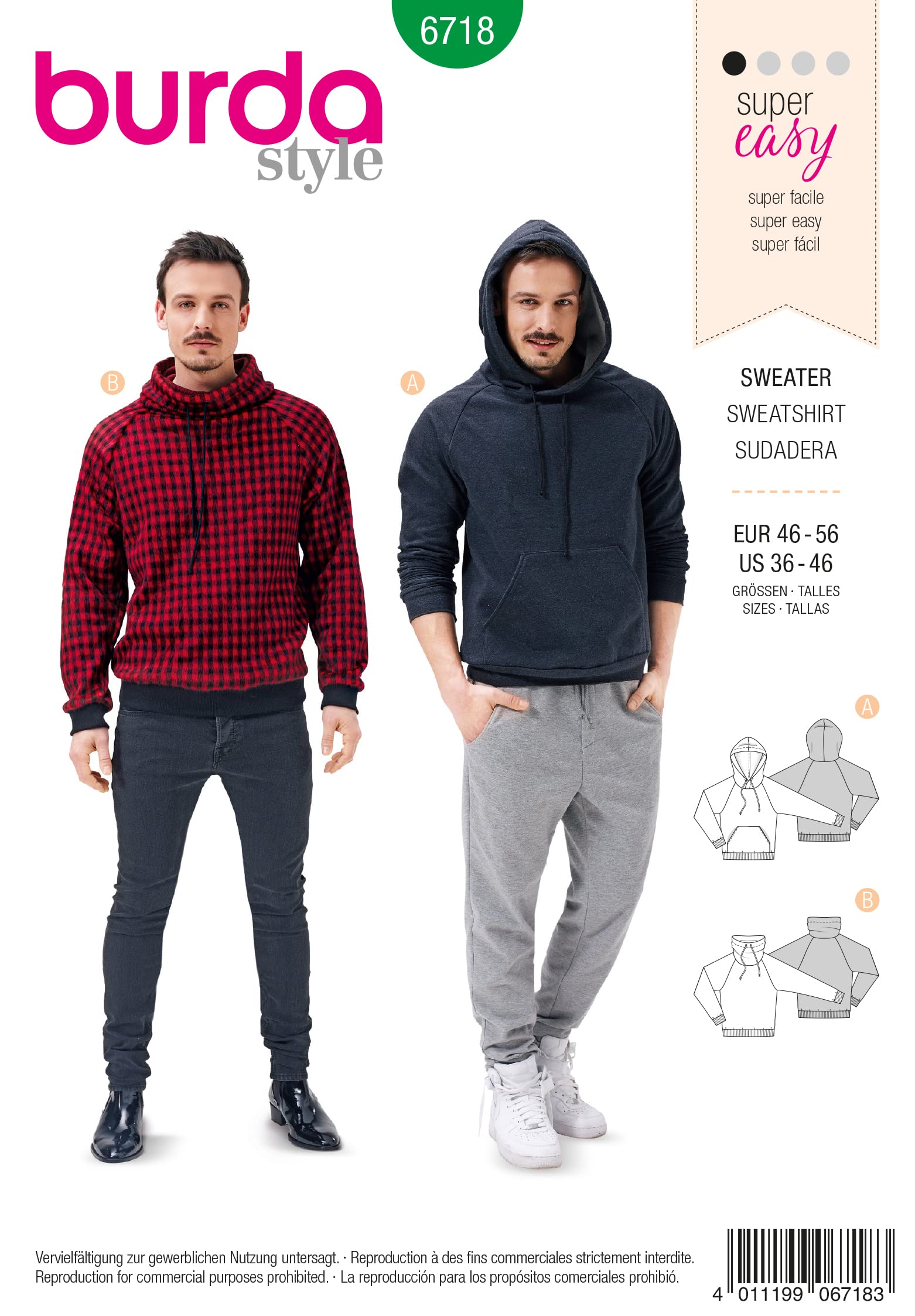 Burda Style Sewing Pattern B6718 Men's Pullover Hoodie
