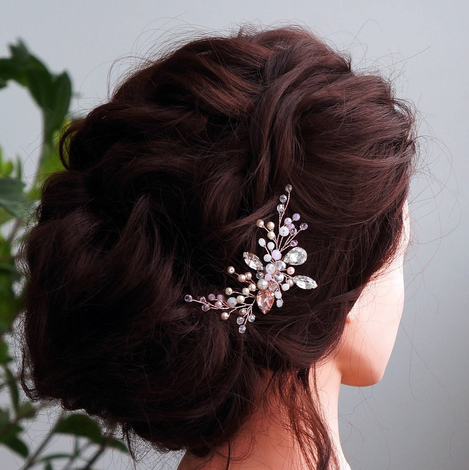 Kercisbeauty Wedding Bridal Bridesmaids Flower Girl Pink Crystal Beads and Rhinestone Tiny Cute Hair Comb Slides Headpiece Long Curly Bun Hair Accessories for Prom(Silver)