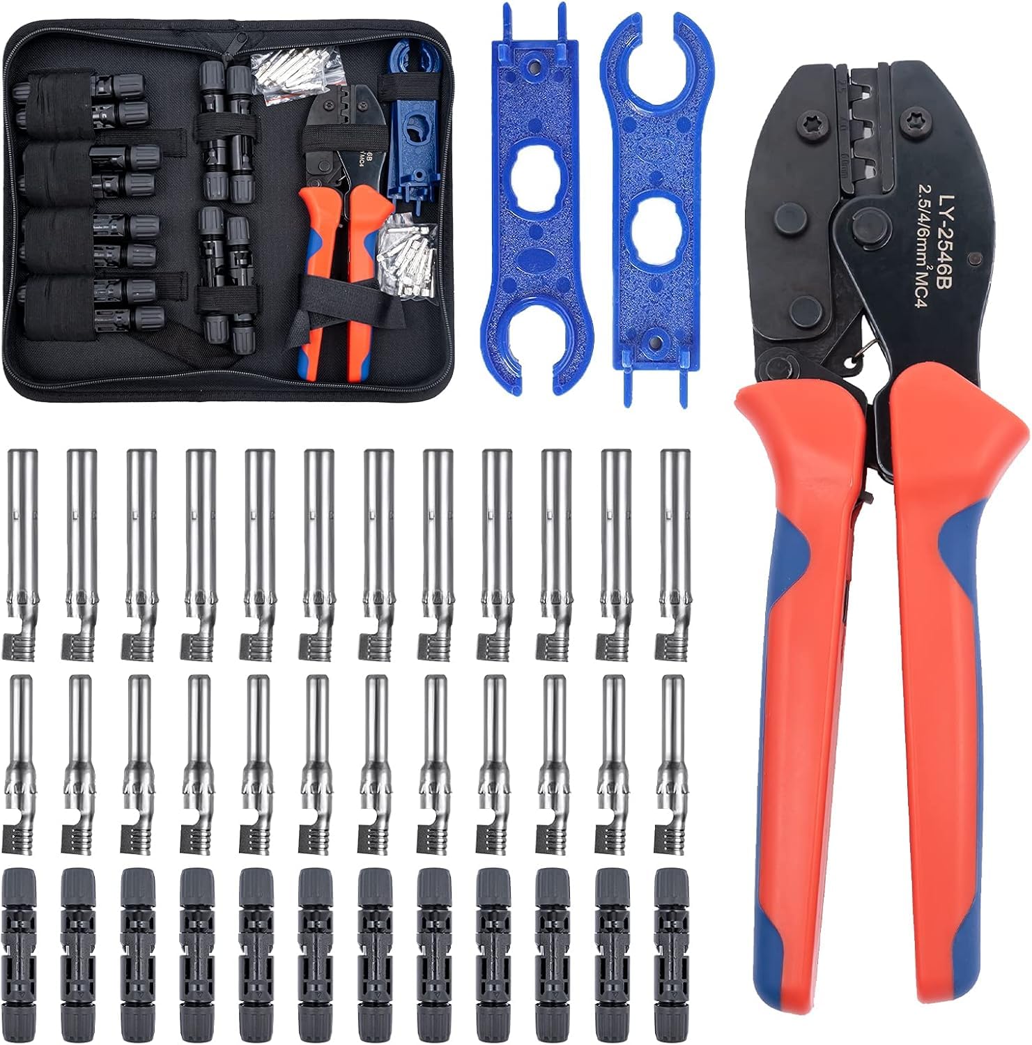 Solar Crimping Tools Set, MC4 Crimping Tool Kit with 12 Pairs Male Female Solar Connector + 2 Pcs Spanners Wrench + 1 Pcs Wire Crimper + 1 Pcs Tool Kit for 2.5/4/6mm² Solar PV Wire