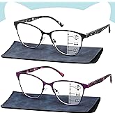 SUNAMOY Progressive Multifocal Reading Glasses Women Cat Eye No Line Multifocus Transition Blue Light Reader Lady Metal Frame