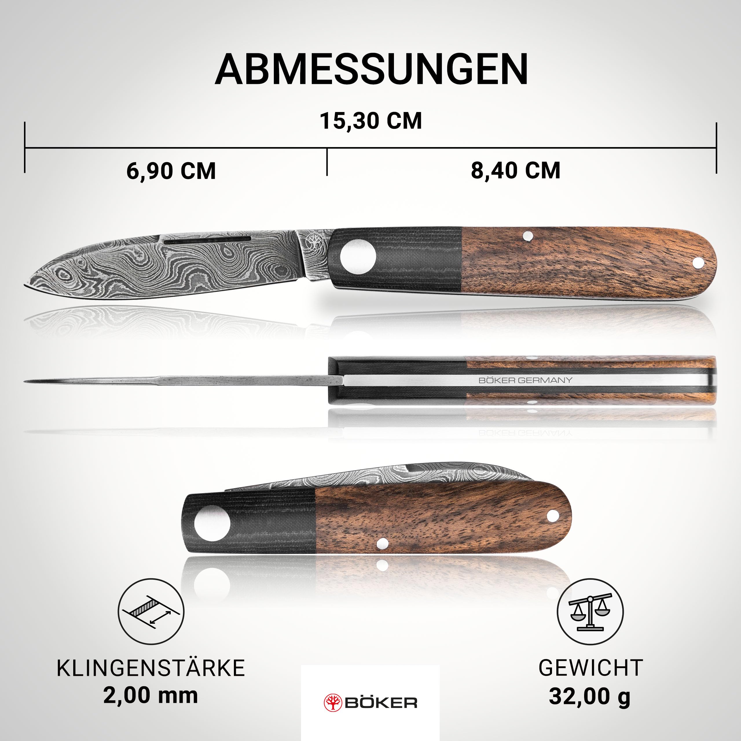 Böker Solingen® Barlow Prime Tirpitz-Damast - klassisches Slipjoint EDC Taschenmesser - Solinger Gentleman Klappmesser mit Holzgriff - Damaszener 2 Hand Messer Klassiker aus historischem Stahl 3