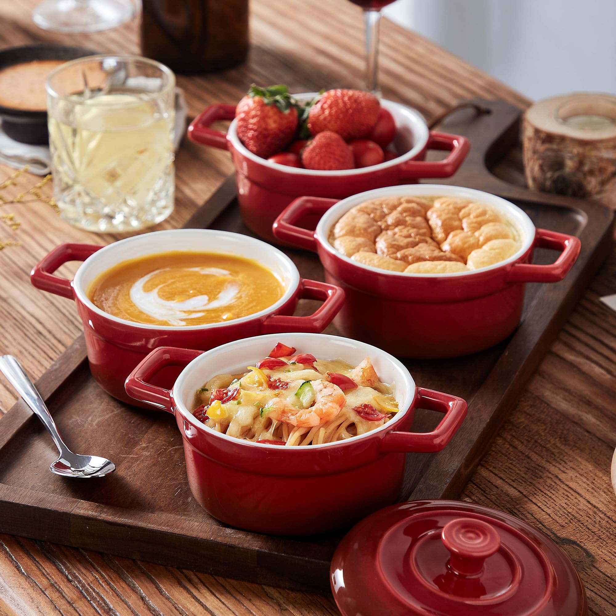 Lareina Mini Cocotte - 12oz Ceramic Casserole Dishes - Kitchen Casserole Sets With Handles And Lid - Small Baking Ramekins - Oven, Microwave & Dishwasher Safe - Set of 4 - Red