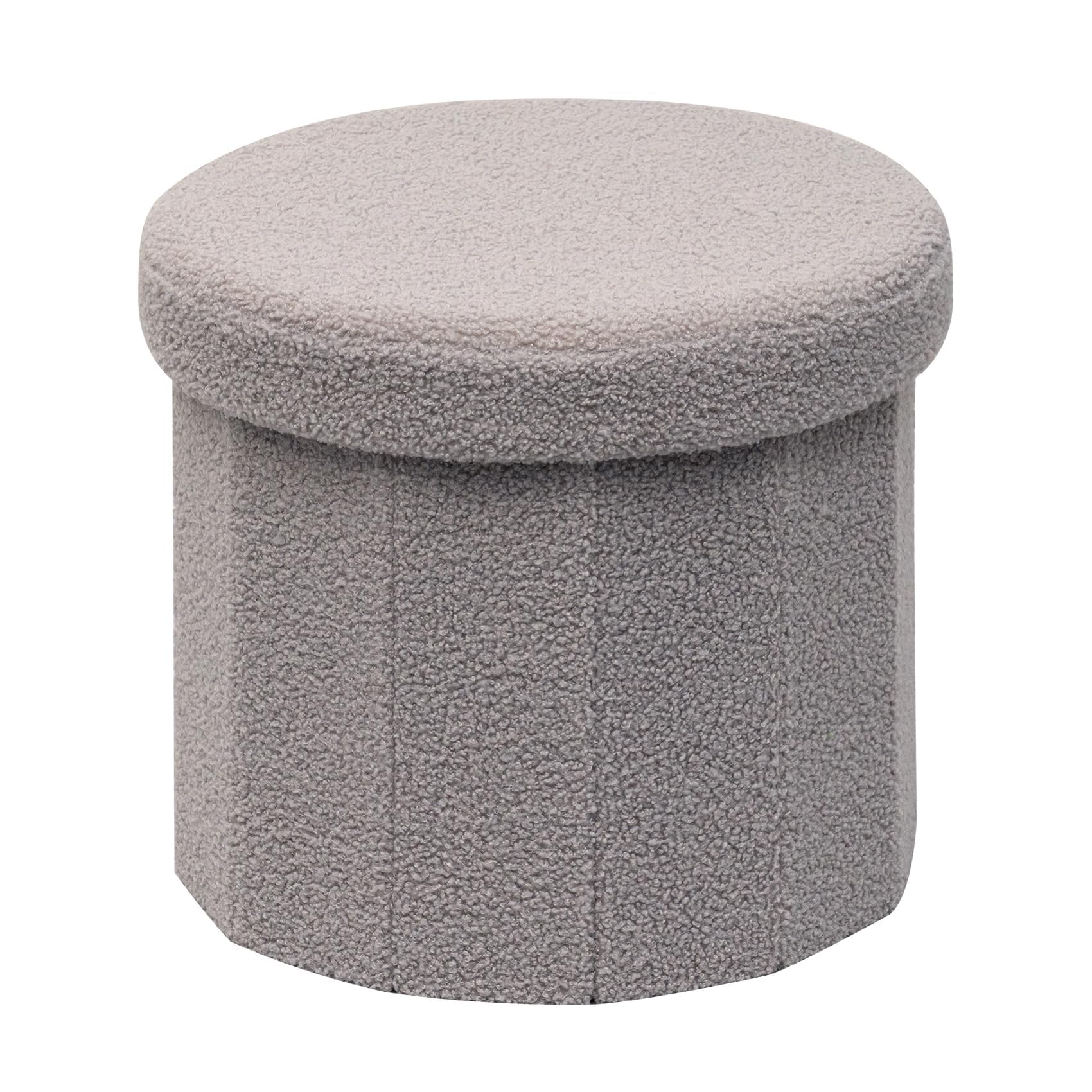 Bonlife Grey Boucle Ottoman with Storage,Foldable Footstool for living room,Toy Chest,Storage Seat,Round Shape Footrest,38X38X33.5cm