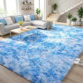 DweIke Fluffy Blue Shag Rugs for Bedroom Living Room, 3x5 Feet Soft Plush Tie-Dyed Light SkyBlue Girls Boys Kids Rug, Upgraded Non-Slip and Machine Washable Carpet for Dorm Nursery Classroom Decor