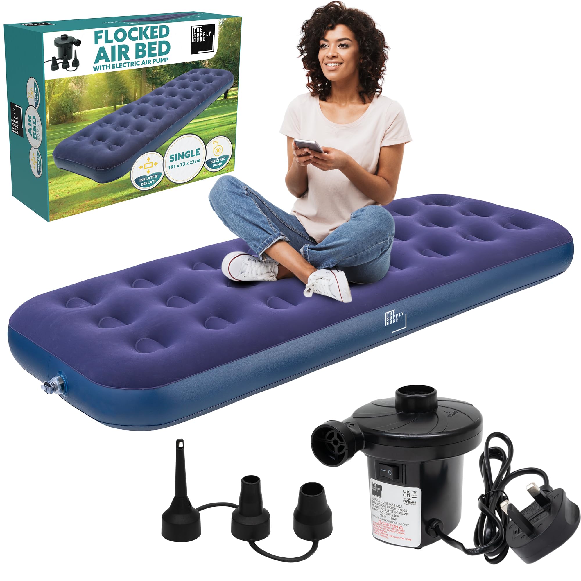 Supply Cube Single Air Bed – Waterproof & Durable Inflatable Mattress for All-Night Comfort – Versatile Camping Bed & Air Mattress for Home or Outdoors – Single Airbed with AC Electric Pump