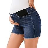 PACBREEZE Women's Maternity Mid-Rise Stretch Denim Shorts Trendy Soft Frayed Hem Pregnancy Shorts, S-XXL