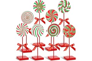 Amyhill 8 Pcs Christmas Candy Wooden Tabletop Decor Glitter Xmas Candy Cane Table Centerpiece Sign for Christmas Tiered Tray Home Desk Office Party Decoration(Exquisite,Red,Green)