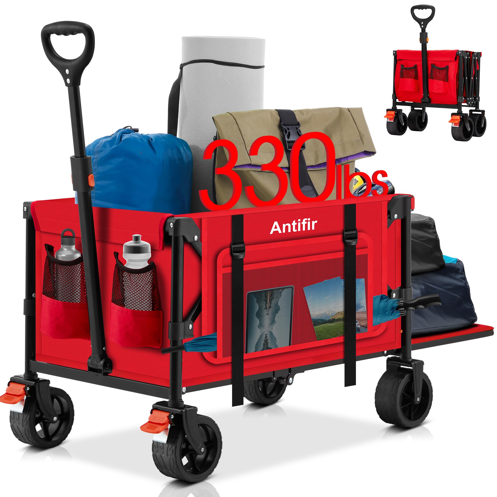 Photo 1 of Collapsible Wagon with Tailgate,Foldable Cart with Wheels,330LBS Resting Large Capacity,2 Drink Holders & Side Pockets,Long Extender,for Groceries,Shopping,Camping,Beach,Garden,Red