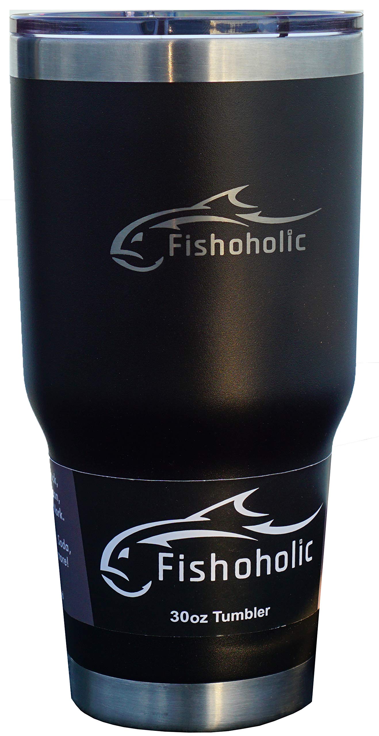 Fishoholic 30oz or 20oz Tumbler w Magnetic Slide Lid, Stainless Steel, Double Wall, Travel Coffee Cup Fishing Beer Mug for Hot & Cold Drinks (30oz Blk)