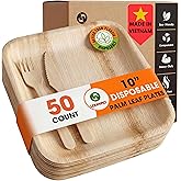 LERICOPEZ Palm Leaf Plates 10 Inch – 50 Pack Palm Plates with 50 Wooden Forks & 50 Knives – Bamboo Plates Disposable and Bamboo Dinner Plates for Weddings, Parties, Holidays, Christmas & New Year