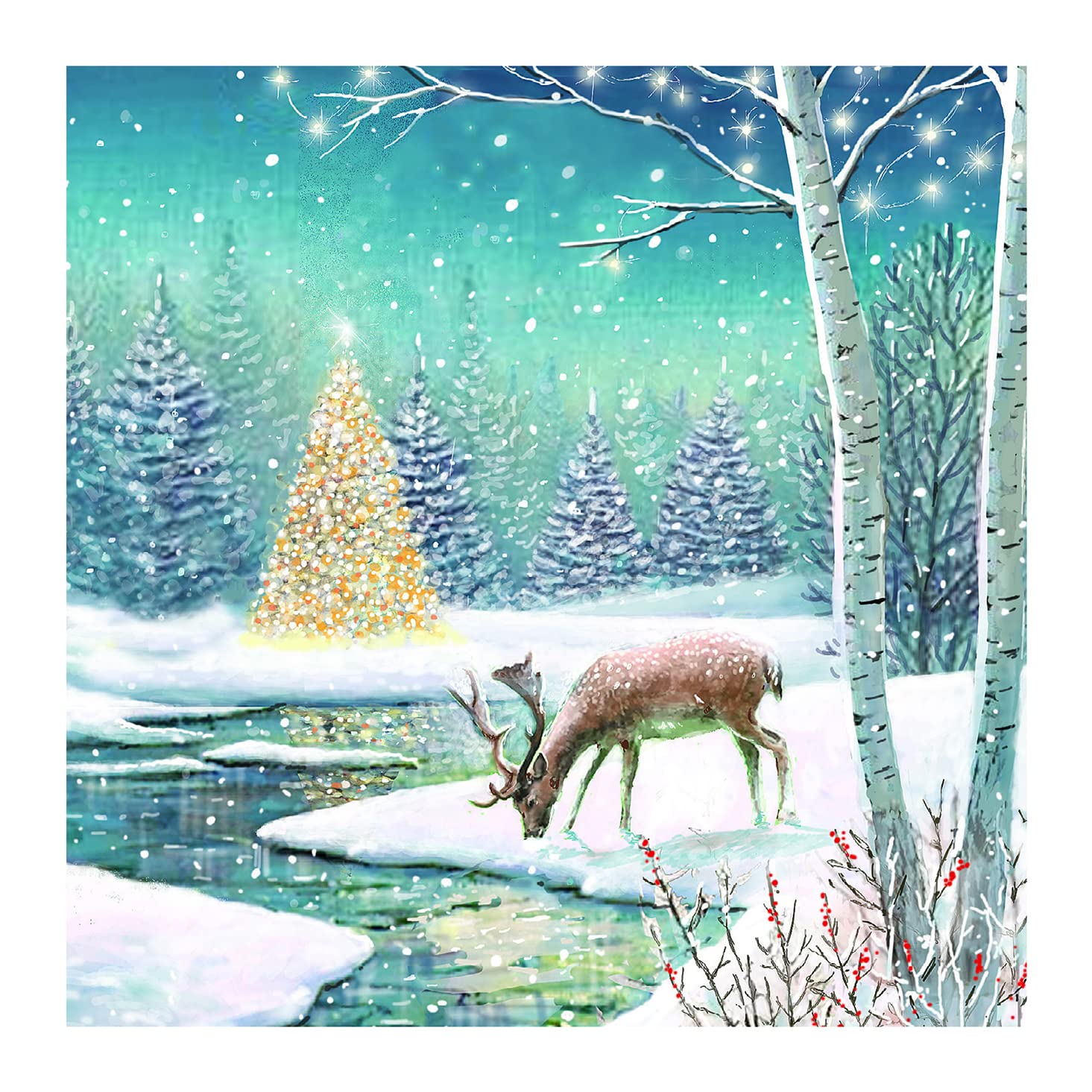 GBCC Ling Design Box of 20 Artistic Charity Christmas Cards - 'Deer Scene' - Winter Forest With Christmas Tree & Deer - From The Great British Card Company, Multicoloured, 124 x 124mm