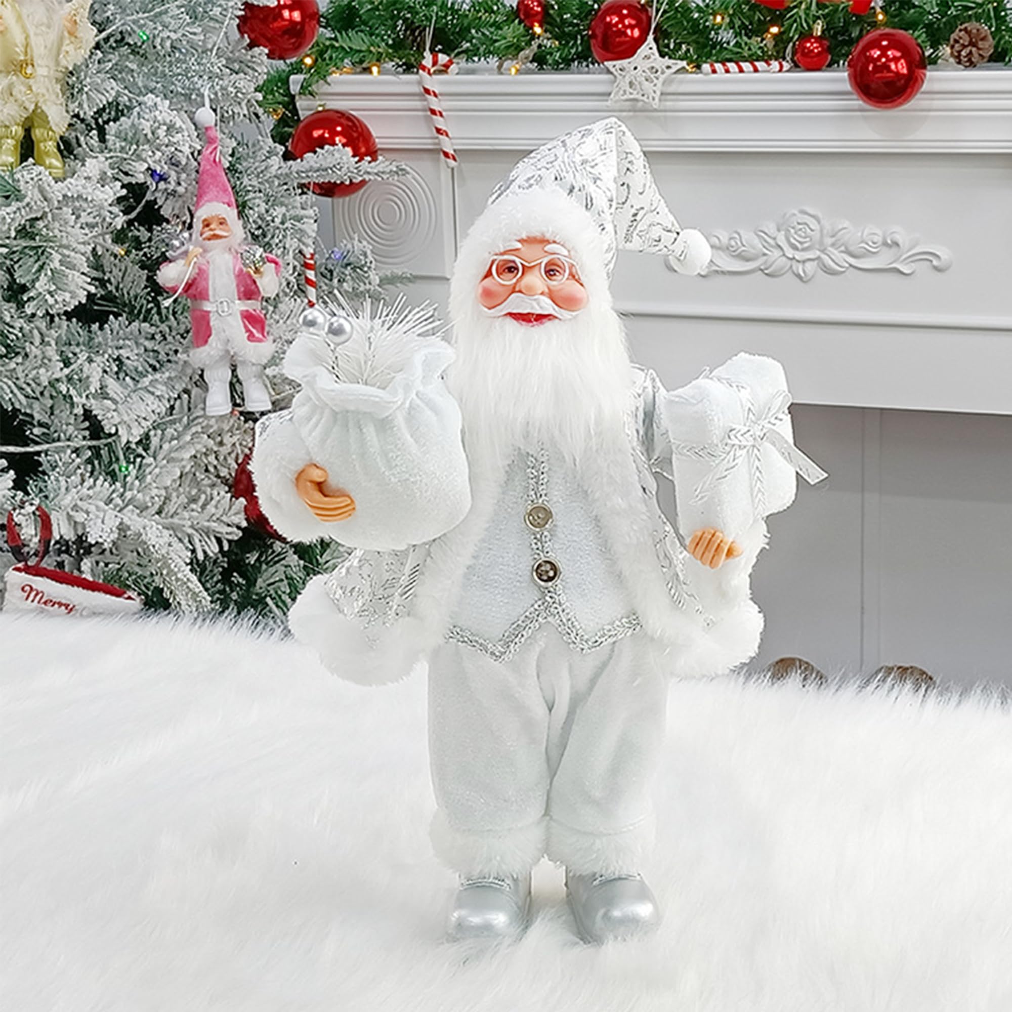 XFLYP Santa Claus Figurine, Father Christmas Standing Ornament, Holiday Statue, Ornament for Living Room, Desktop Decor, Fireplace, Parties, Gifts 12 Inch (Silver)