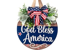 UIONML Memorial Day Decorations 4th of July Patriotic Wooden Welcome Wreath for Front Door, Memorial Day & Independence Day Decorations - Round Outdoor Door Hanger for Porch, Wall, Window (Color-Bless)