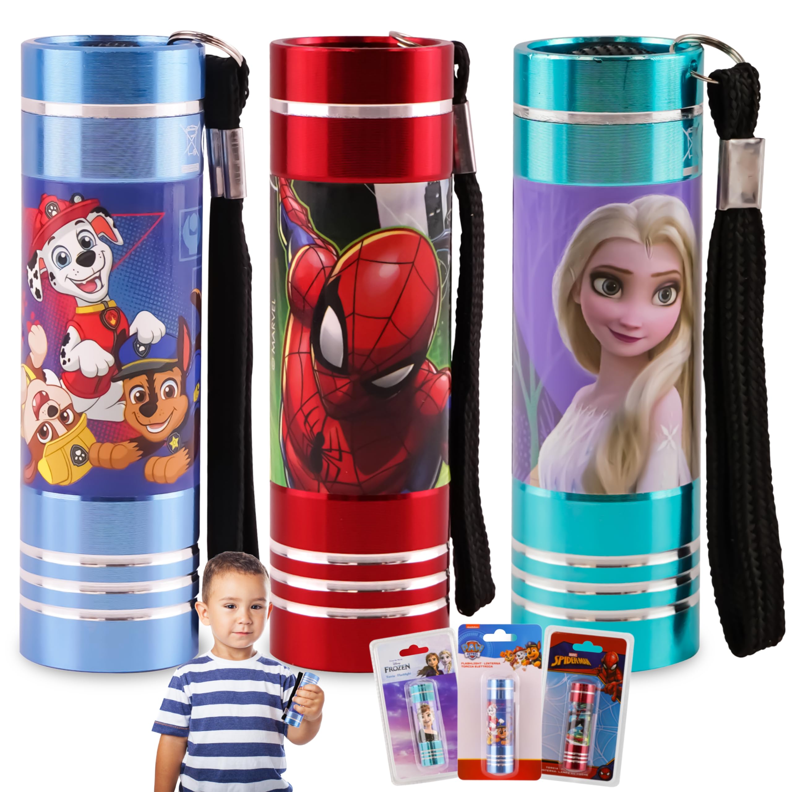 3Pcs Children's Christmas Torches, Frozen, PAW Patrol and Spiderman LED Torch, Super Bright LED Aluminium Torches, Nightlights with Lanyard for Travel, Kids Xmas Flashlights Gift 3+ Y Size - 8.7cm