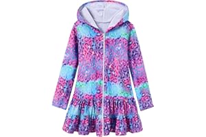 Ghteas Girls Swim Cover Up Dress Long Sleeve Hooded Zip Up Bathing Suit Cute Ruffle Coverup Kids Pool Beach Robe 4-10Y