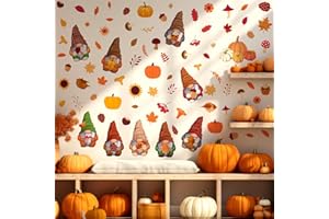 Chivertion 6 Sheets 85 Pcs Thanksgiving Gnome Wall Decals Fall Autumn Harvest Wall Decals Gnome Pumpkin Sunflower Maple Leaves Window Clings for Home Living Room Bedroom Kitchen Decorations