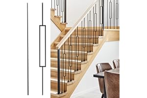 WICHEMI 16 Pack Iron Balusters for Staircase Interior, 44" x1/2" Rectangular Hollow Metal Stair Spindles for Indoor Deck with 64 Fixed Swivel Shoes - 8 Hollow,8 Straight