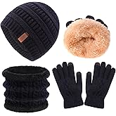 3Pcs Kids Winter Beanie Hat Scarf Gloves Set for 2-6-10-14 Years Old Boys Girls, Knit Thick Warm Fleece Lined Thermal Sets