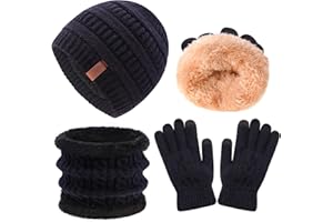 FENELY 3Pcs Kids Winter Beanie Hat Scarf Gloves Set for 2-6-10-14 Years Old Boys Girls, Knit Thick Warm Fleece Lined Thermal Sets