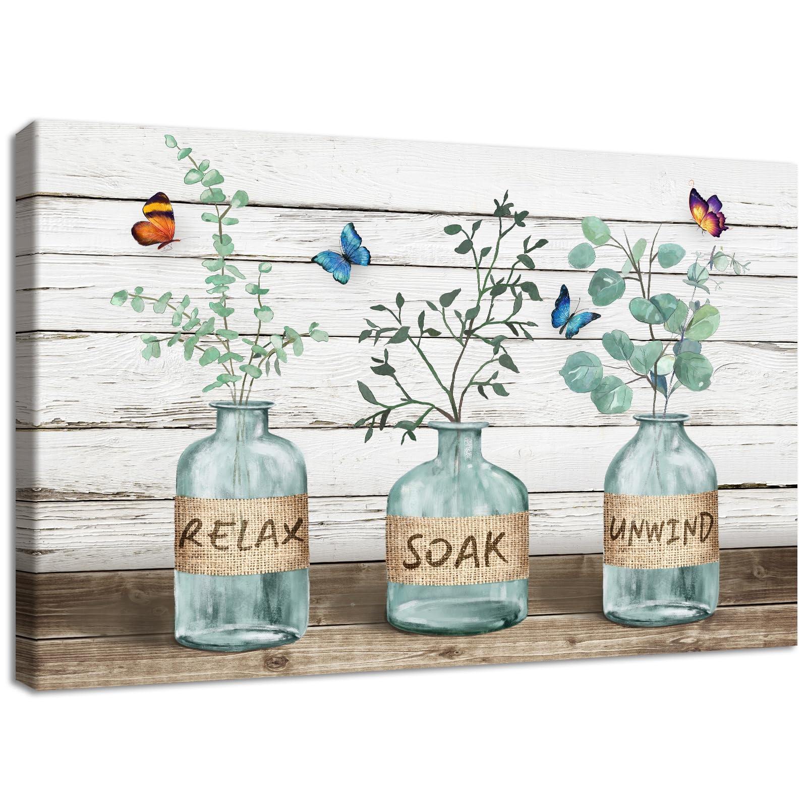 Wooden Framed Canvas Wall Art Relax Soak Unwind Eucalyptus Butterfly Canvas Print Bathroom Picture Painting Poster Farmhouse Wall Decor Home Office Gallery Bedroom Decorations Ready To Hang 30x40cm — image 1