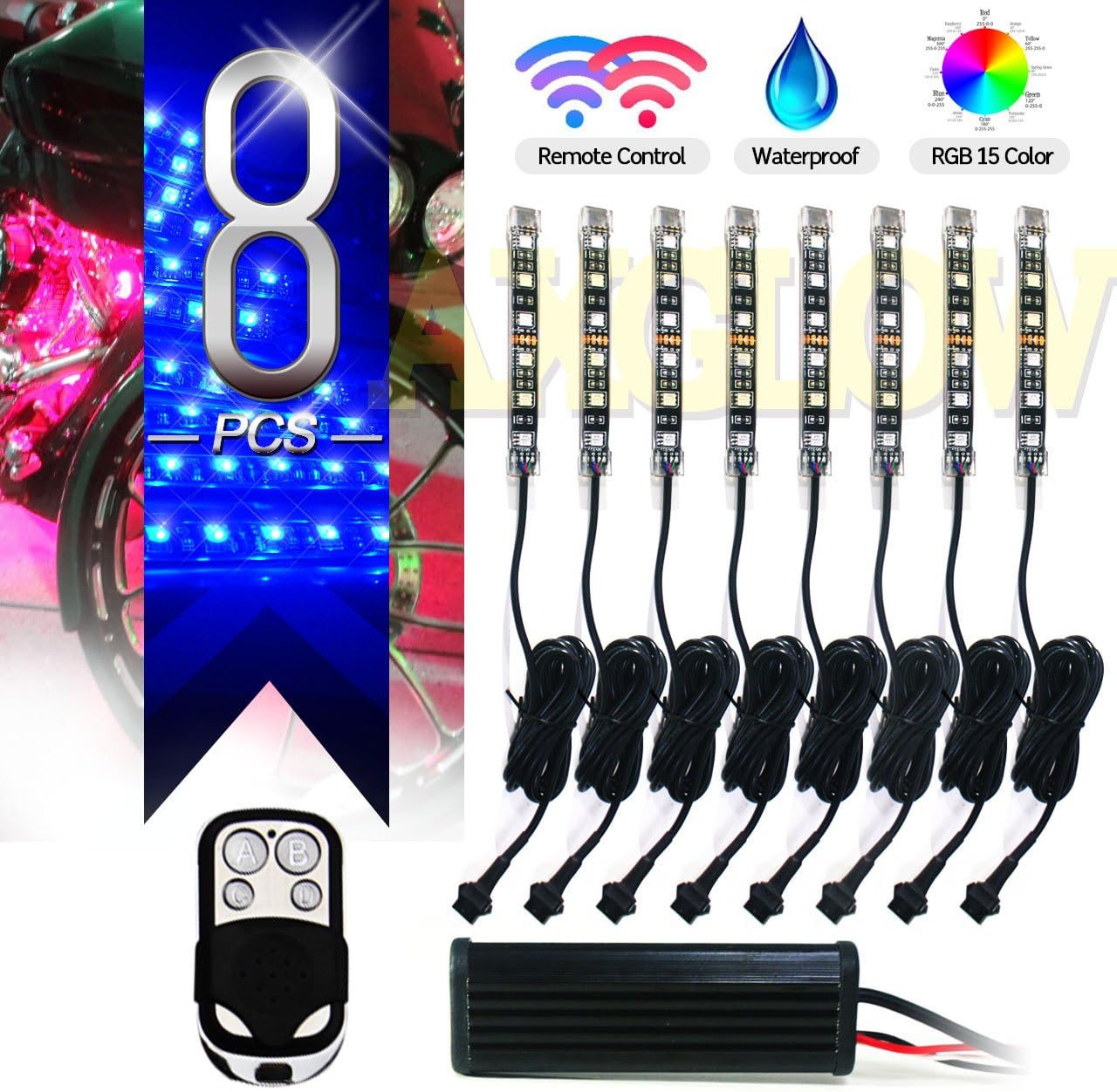 Universal Motorcycle LED Accent Neon Underglow Light Kit with Wireless Remote Controlled 8 Multi-Color LED Black Strips for Cruisers or Street-Sport