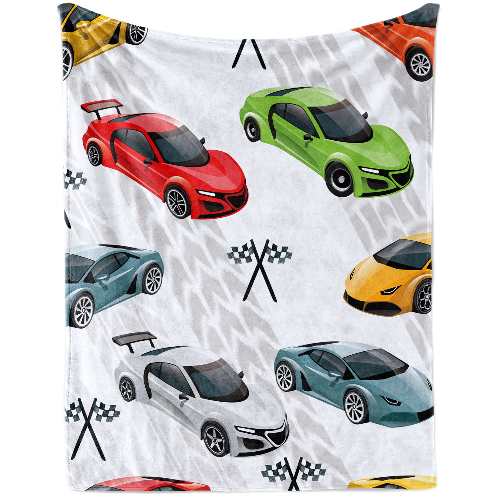 Racing Car Blanket for Boys, Soft Race Sport Car Theme Flannel Blanket for Nursery Baby Crib, Cozy Multicolor Cars Fluffy Throw Blanket with Race Checkered Flag for Newborn Toddler Gift, 80 x 120 cm