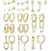 YADOCA 13Pairs Gold Earrings Stacks for Women Dainty Huggie Hoop Earrings Hypoallergenic 14k Gold Plated Flat Back Stud Cartilage Earring Sets for Multiple Piercing Pack