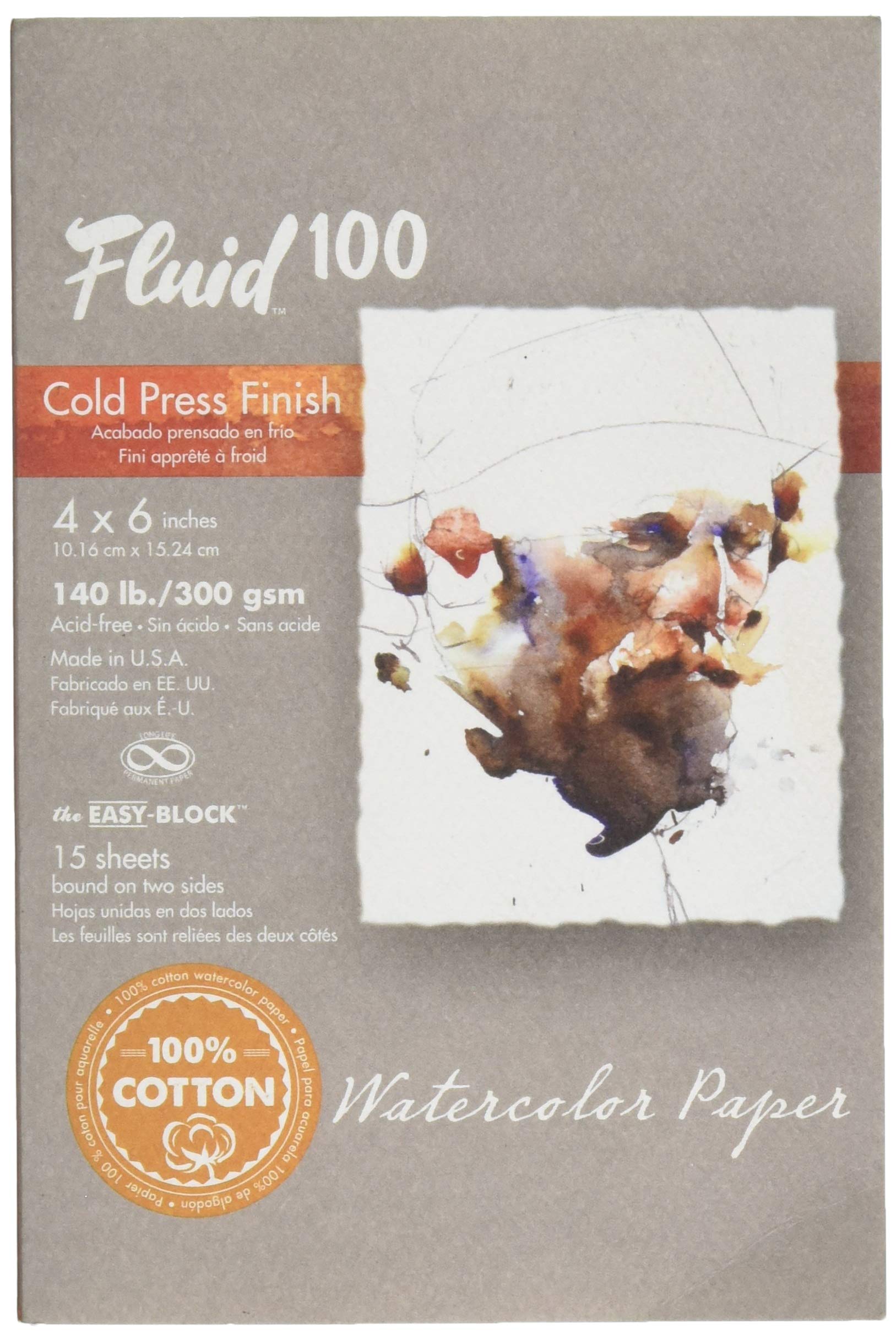 Fluid 100 Watercolor Paper 811202 140LB 100% Cotton Cold Press 4 x 6 Block, 15 Sheets