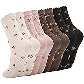 Jspupifip Women Ruffle Socks, 4/8 Pairs Floral Frilly Socks Casual Ankle Breathable Knit Cute Lettuce Floral Crew Sock Size