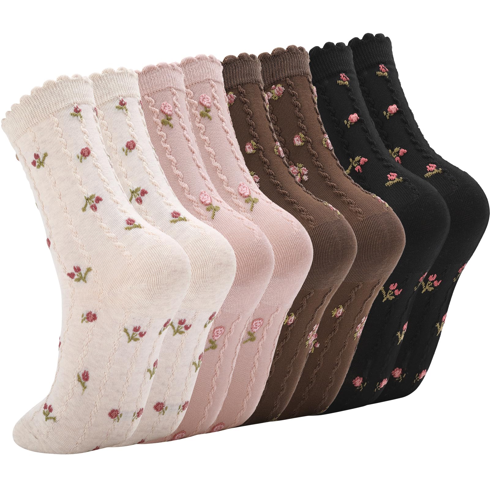 Photo 1 of **ONE PC**Jspupifip Women Ruffle Socks, 4 Pairs Floral Frilly Socks Casual Ankle Breathable Knit Cute Lettuce Floral Crew Sock Size 5-7