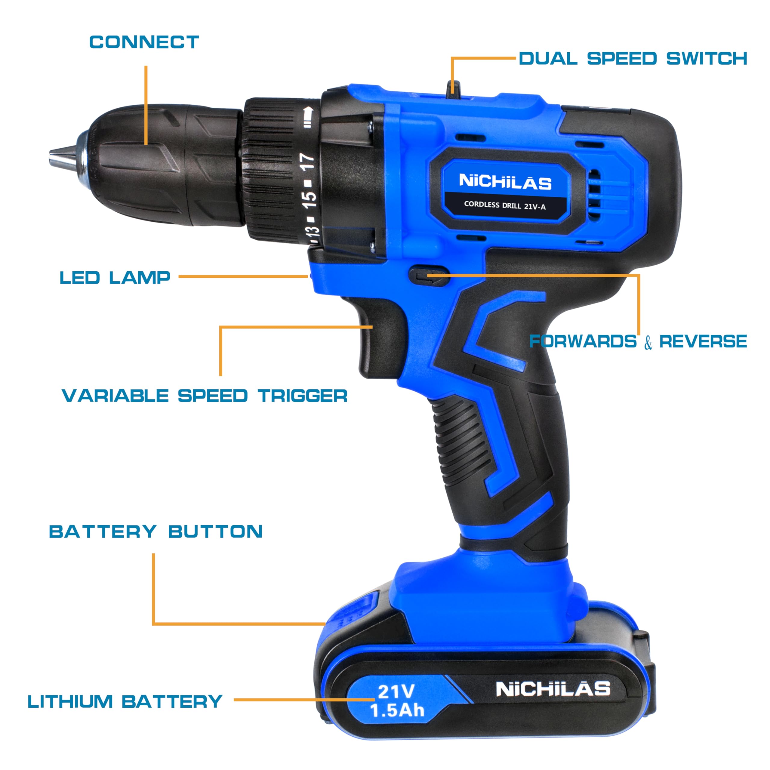 Nichilas Cordless Drill, 21V Power Screwdriver 2 Variable Speed 3/8” Keyless Chuck, 2 X 1500mAh Batteries and Charger for assembling, repairing and DIY