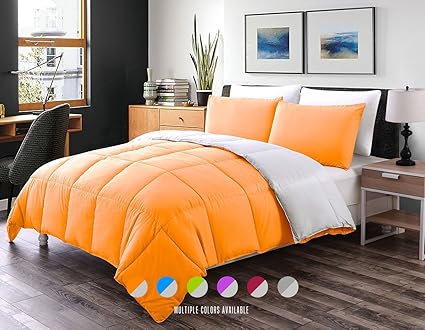 Full Queen Orange Gray Luxe Bedding 3 Pcs Reversible Down