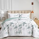 Botanical Quilt Set 3 Pieces Full/Queen Size, Green Leaves Printed on White Reversible Bedspread Coverlet Set, Soft Microfiber Lightweight Bed Cover for All Season (90" x 90", 1 Quilt+ 2 Pillow Shams)