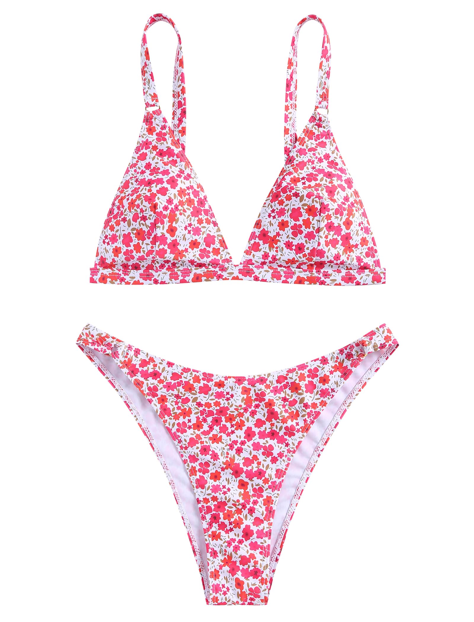 ZAFUL Women's 2 Piece Floral Print Swimsuit Triangle String High Cut Bikini Sets Bathing Suit (1-Red Multicolor,S) - Image 3