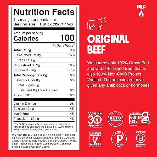 CHOMPS GRASS-FED AND FINISHED ORIGINAL BEEF JERKY SNACK STICKS 10-PACK – KETO, PALEO, WHOLE30, 10G LEAN MEAT PROTEIN, GLUTEN-FREE, ZERO SUGAR FOOD, STOCKING STUFFER