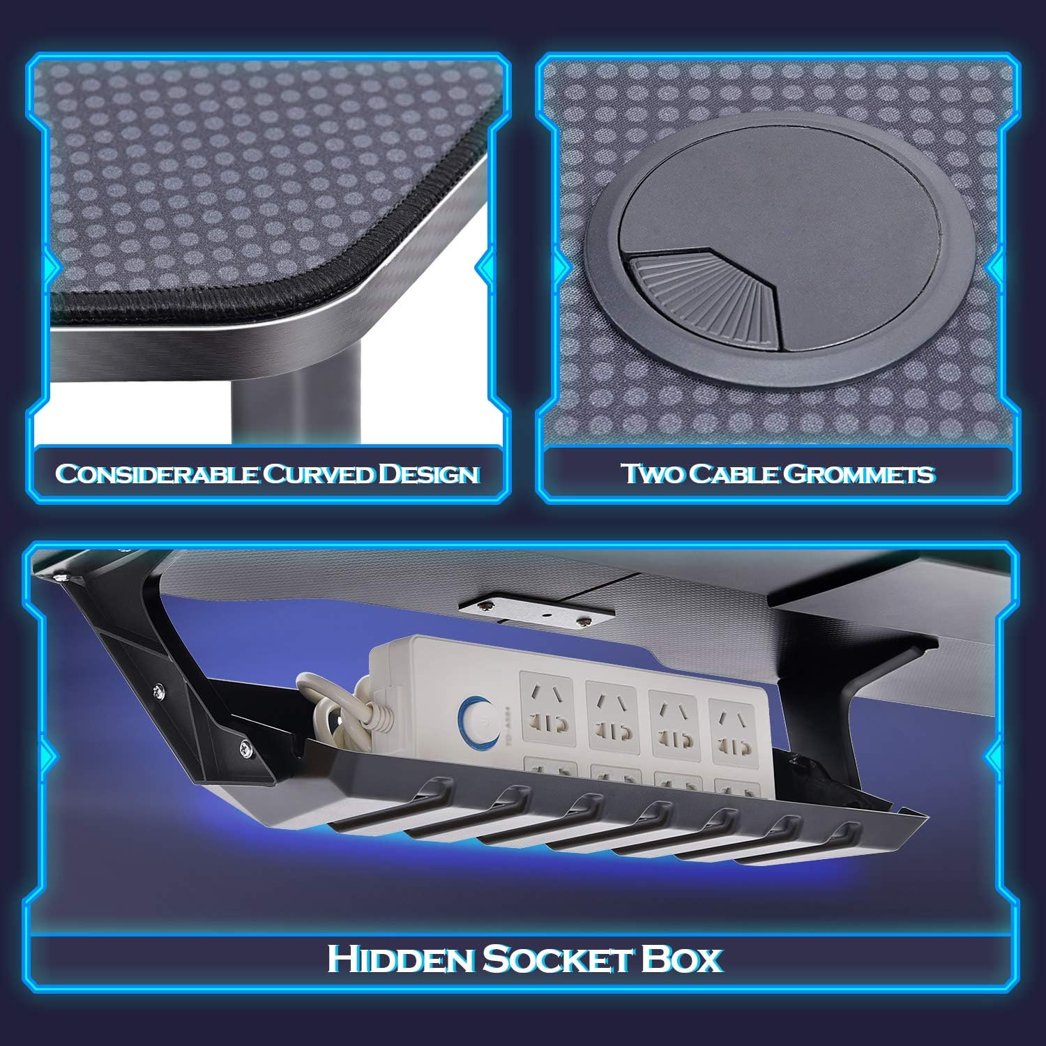 Ergonomic Game Desk, T-Shaped PC Gamer Tables Worksatation for Home Office with Carbon Fiber Surface, Full Mouse Pad, Cup Holder, Headphone Hook, 2 Cable Management Holes, 62" W x 29" D, Black: Kitchen & Dining