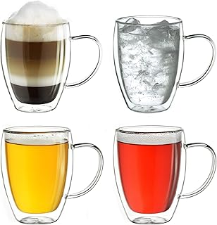 Creano doppelwandiges Thermoglas mit Henkel 250ml, großes Doppelwandglas aus Borosilikatglas, Kaffeegläser, Teegläser, 4er Set
