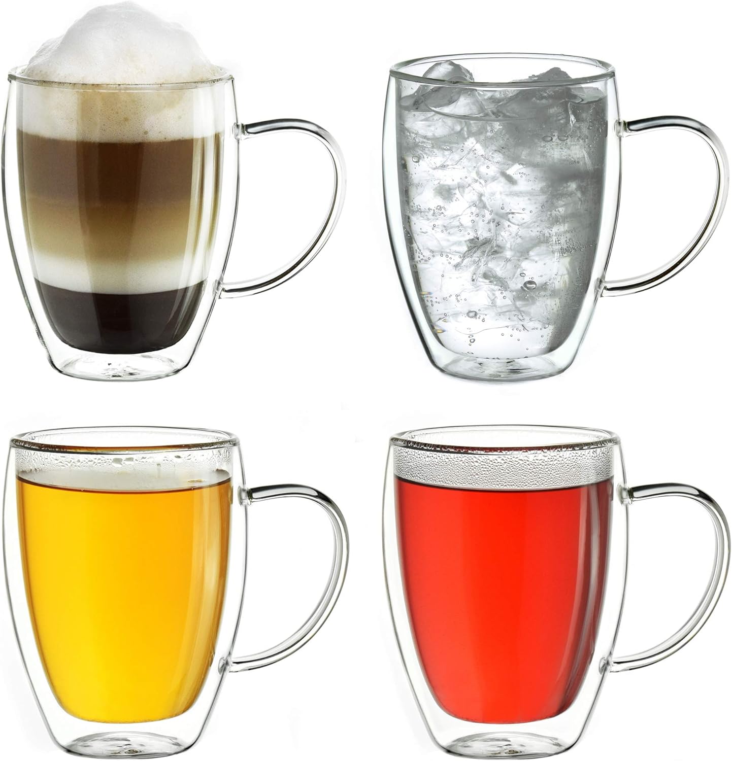 Creano doppelwandiges Thermoglas mit Henkel 250ml, großes Doppelwandglas aus Borosilikatglas, Kaffeegläser, Teegläser, 4er Set