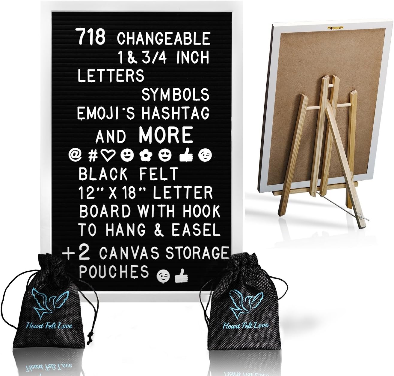 Black Felt Letter Board With White Aliminium Frame And Easel Stand 12 x 18 | 718 Changeable Characters Including 1 inch and ¾ Letters, Symbols, Emojis Hashtag + More | Hook To Hang | 2 Storage Pouches