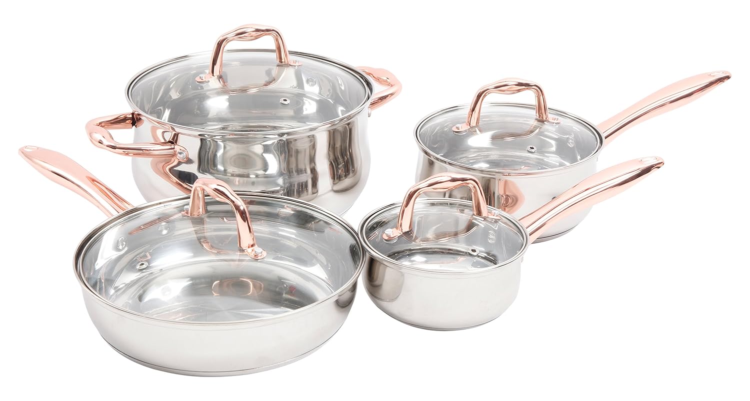 Sunbeam 112044.08 Branson 8 Piece Cookware Set, Stainless Steel, Copper Plate Handle