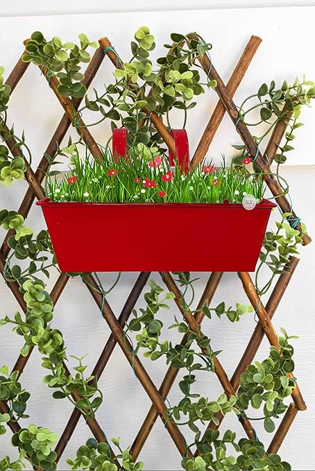 GIG Handicrafts Metal Railing Planter with Handle and Wall Hook, Red, 40x27x23 cm