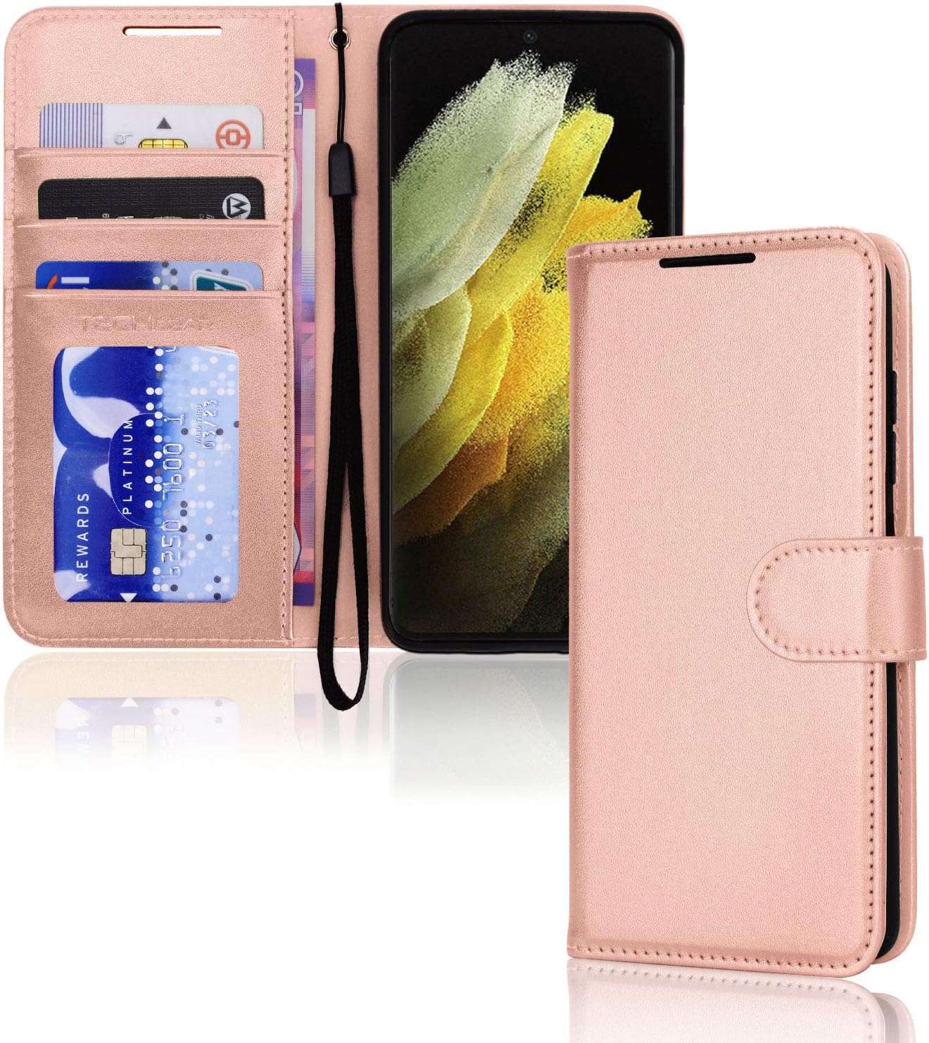 TECHGEAR Galaxy S21 Ultra Leather Wallet Case, Flip Protective Case Cover with Wallet Card Holder, Stand and Wrist Strap