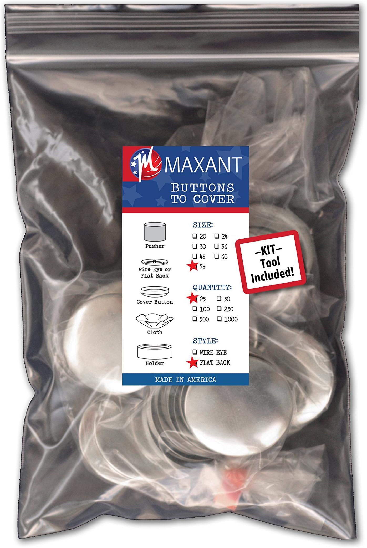 25 Buttons to Cover - Made in USA - Self Cover Buttons with Flat Backs Size 75 with Tool