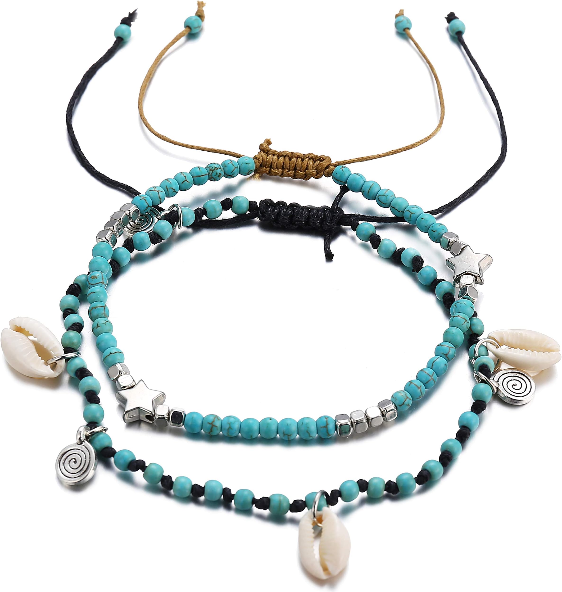 FINETOO 2Pcs Turquoise Starfish Rope Braided Adjustable Star Shell Boho Anklet Set Charm Gifts for Women and Girls