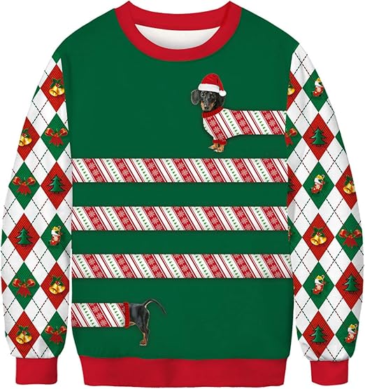N/Q Christmas Dachshund Unisex 3D Print Cool Round Neck Sweater Lightweight Pullover Sweatshirts